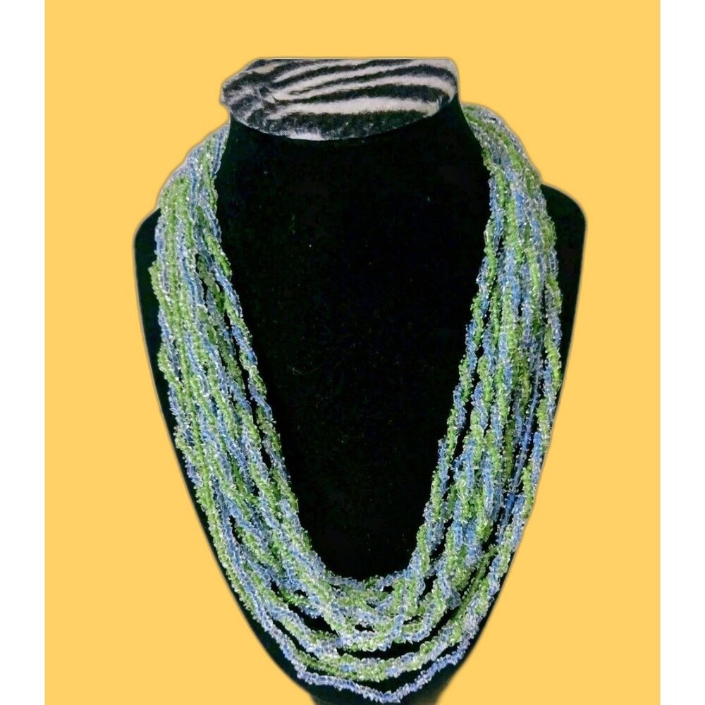 Vintage Japanese 70's Glass Seed Bead & Faceted Crystal Multi-Strand Necklace